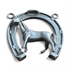 Vintage Silver Horse & Horseshoe Pendant • Western Good Luck Charm • Double Loop
